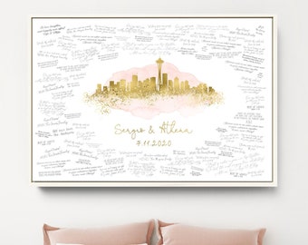 Wedding Guest Book Alternative > Seattle skyline print, Faux metallic gold and blush watercolor canvas, Washington wedding guestbook sign