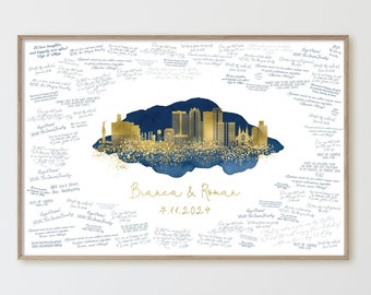 Wedding Guest Book Alternative • Birmingham skyline sign for Alabama wedding • Faux Metallic Gold & Navy Blue watercolor guestbook canvas