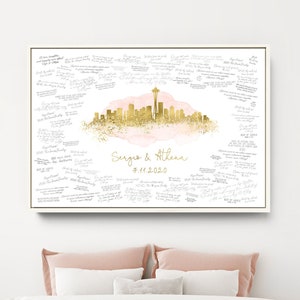 Wedding Guest Book Alternative > Seattle skyline print, Faux metallic gold and blush watercolor canvas, Washington wedding guestbook sign