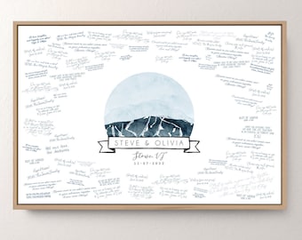 Stowe Mountain GUESTBOOK alternative • Vermont wedding guest book canvas • Stowe wall art • Dusty blue, Indigo blue digital watercolor {oio}