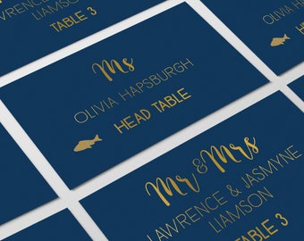 Gold and Navy Place Cards, Elegant Navy Wedding Seating Cards, Navy and Gold Escort Cards, Folded Tent Card  > PRINTED Place Cards
