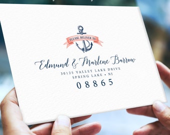 Nautical Envelopes Addressed, Return Address Printing, Guest List Addressing, Coral Navy Blue Wedding Invite Envelope > PRINTED Envelopes