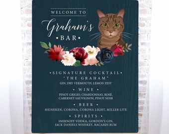 Custom Pet Portrait Bar Sign, Cat Portrait Wedding Bar Sign, Burgundy Navy Boho Drink Canvas > PRINTED Bar Sign or Printable