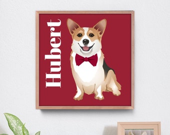 Custom Pet Portrait Illustration, Personalized Dog Portrait Sign, Pembroke Welsh Corgi Gift Idea for Pet Parent, Modern Pet Art