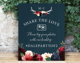 Rustic Hashtag Sign for Social Media, Burgundy Navy Boho Wedding Photo Sign, Large Canvas Sign >PRINTED Sign for Wedding {or} Printable Sign