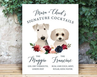 Personalized Dog Bar Sign, Pet Portrait Signature Cocktail Print, Blush Burgundy Navy Boho Wedding Drink Sign > PRINTED Sign or Printable