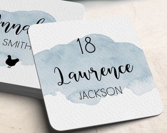 Dusty Blue Place Cards, Blue Watercolor Custom Wedding Coasters for Reception Seating, Calligraphy Escort Cards > Extra Thick Drink Coaster