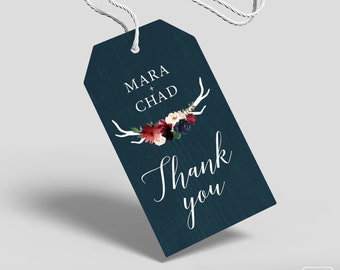 Rustic Gift Tags, Burgundy Navy Boho Wedding Favor Tags, Marsala Blush Flower and Antler Sticker > PRINTED Tags, Round or Square Stickers