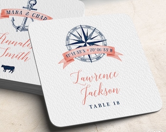 Nautical Escort Coasters, Place Cards, Coral Navy Blue Wedding Coasters, Beach Destination Wedding Escort Card > Extra Thick Drink Coaster