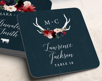 Rustic Escort Coasters, Burgundy Navy Boho Wedding Coasters for Reception Seating, Flower & Antler Escort Card > Extra Thick Drink Coaster