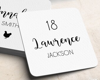 Calligraphy Place Cards, Custom Wedding Coasters for Reception Seating, Minimalist Black and White Escort Cards > Extra Thick Drink Coaster