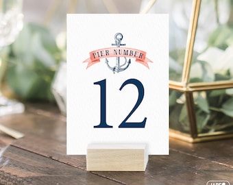 Nautical Table Numbers, Coral Navy Blue Wedding Table Names for Beach Destination Wedding > PRINTED Table Number Cards