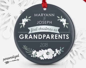 Grandparent Ornament, Personalized Christmas Ornament, New Grandparents Gift Idea, Baby Announcement, Gray and White Flowers