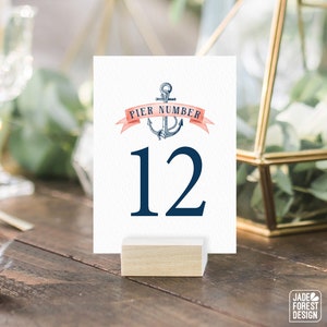 Números de mesa náutica, nombres de mesa de boda azul marino coral para bodas de destino en la playa > Tarjetas de números de mesa IMPRESAS