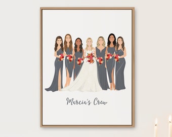 Unique Bride and Bridesmaids Portrait, Slate Gray Dresses, Custom Drawing from Photo, Fun Christmas Gift for Bridal Party / Maid of Honor