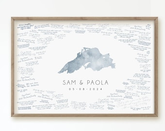 custom wedding GUEST BOOK alternative, Lake Superior map guest book, dusty blue watercolor art, personalized lake shape for wedding {mfl}