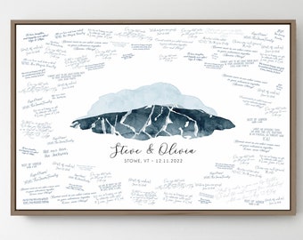 Wedding GUEST BOOK alternative • Vermont wedding guestbook canvas • Stowe mountain wall art print • Indigo blue digital watercolor {oio}