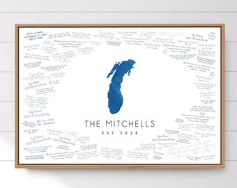 custom wedding GUEST BOOK alternative, custom lake shape map guest book for Lake Michigan wedding, deep blue watercolor art {mfl}