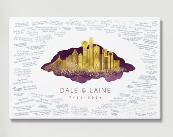 DALLAS SKYLINE wedding guest book alternative, personalized wedding keepsake, Custom city guestbook, gold on purple watercolor guest book