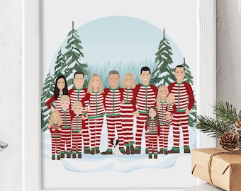 Personalized Extended Family Portrait in Matching Pajamas, Custom Drawing from Photos, Fun Christmas Gift for Parents or Grandparents