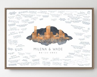 Wedding guest book alternative with Milwaukee Skyline, Personalized city guestbook alternative, Faux copper & dark gray watercolor wedding