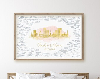 Wedding Guest Book Alternative • Charleston Skyline Wall Art • South Carolina Canvas Guestbook Gift • Faux Gold & Blush Pink Watercolor