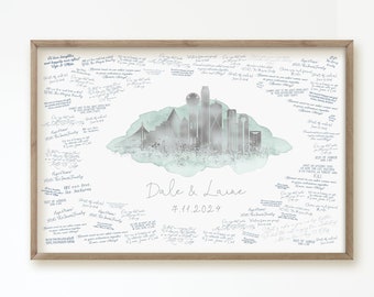 DALLAS SKYLINE wedding guest book alternative, Personalized wall art gift, Custom city guestbook, Silver & Dusty Blue watercolor guest book