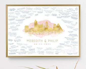 Memphis skyline wedding guest book alternative •  Custom city guestbook • Faux metallic gold & dusty pink watercolor, Tennessee wall art