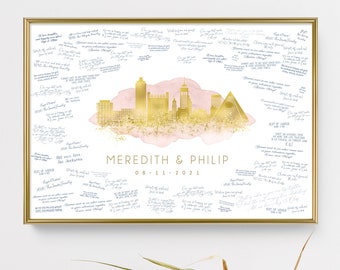 Memphis skyline wedding guest book alternative •  Custom city guestbook • Faux metallic gold & dusty pink watercolor, Tennessee wall art