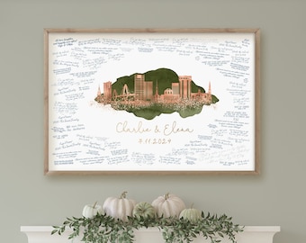 Wedding Guest Book Alternative • Charleston Skyline Wall Art • South Carolina Canvas Guestbook Gift • Faux Rose Gold & Dark Olive Watercolor