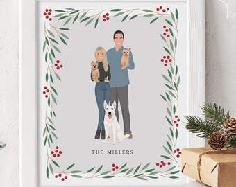 Personalized Couple Portrait with Yorkshire Terriers, Custom Drawing from Photo, Fun Christmas Gift for Yorkie Mom and Dad