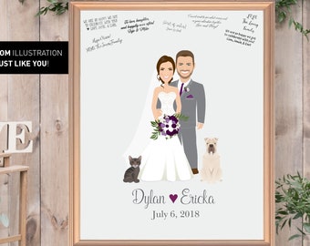 Rustic Wedding Guest Book Alternative, Custom Illustration Cartoon Portrait, Guestbook Canvas, Portrait with Pets