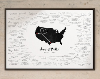 Wedding GUEST BOOK Alternative, Map of United States with Heart Arrow connecting hometown cities or states, bespoke wedding decor {mfo}