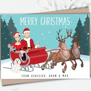 Cartoon Porträt Weihnachtskarte, Individuell bedruckte Weihnachtskarten mit Umschlägen, Nikolaus Schlitten & Rentier, Personalisiert mit Haustier, 100% Recycling