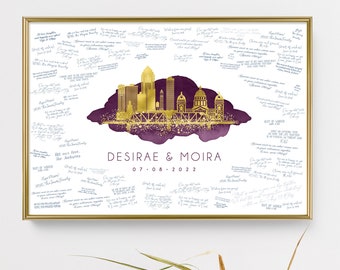 Personalized skyline wedding guest book alternative •  Des Moines wall art gift • Custom city guestbook • Faux gold & purple watercolor