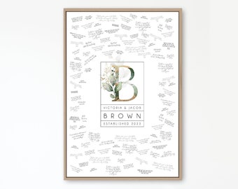 Wedding Guest Book Alternative Canvas, Custom Monogram Guestbook, Large Framed Print with Greenery & Gold Art, Personalized Initial {mow}