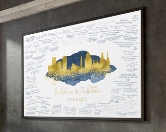 Wedding Guest Book Alternative • Baltimore Skyline Wall Art • Maryland Canvas Guestbook Gift • Faux Metallic Gold and Cobalt Blue Watercolor