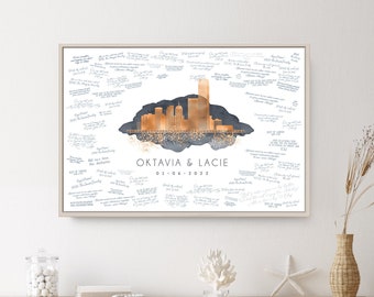 Skyline Guest Book Alternative Canvas for Oklahoma City wedding > Custom gray watercolor & faux metallic copper sign for guest signing