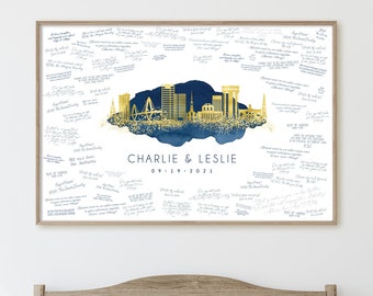 Wedding Guest Book Alternative > Charleston skyline sign for South Carolina wedding, Navy blue watercolor and faux gold guestbook canvas