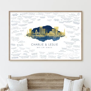Letrero para el libro de firmas de boda: Diseño del horizonte de Charleston (azul marino, colores personalizados)