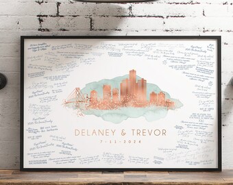 Wedding Guest Book Alternative, Detroit Skyline Wedding, Rose Gold on Sage Watercolor, Wedding Guestbook to Sign, Gift for the Bride & Groom