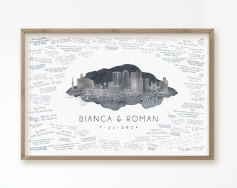 Wedding Guest Book Alternative • Birmingham Skyline Wall Art • Alabama Canvas Guestbook Gift • Faux Metallic Silver and Dark Gray Watercolor