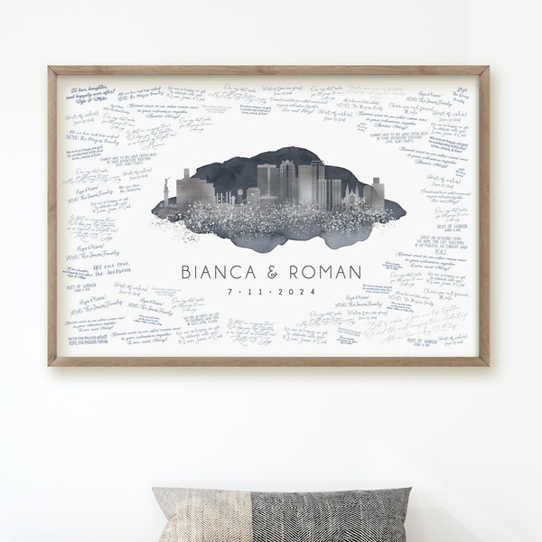 Wedding Guest Book Alternative • Birmingham Skyline Wall Art • Alabama Canvas Guestbook Gift • Faux Metallic Silver and Dark Gray Watercolor