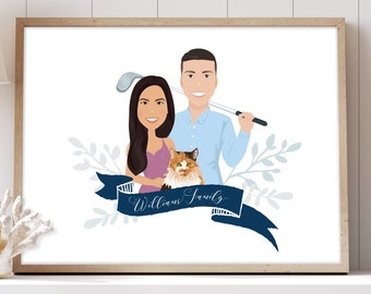 Custom portrait drawing > Family portrait illustration with calico cat cartoon, Golf gift idea for husband, Paper anniversary gift