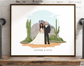 Custom portrait sign > Personalized southwestern family illustration with cactus  • Unique Christmas gift idea for couple • DESERT SCENE