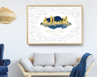 Alternative Guest Book for Wedding > Navy watercolor and faux metallic gold Atlanta skyline print, Canvas wedding guestbook sign