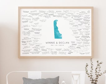 Wedding GUEST BOOK Alternative, Willimgton Delaware Wedding, Delaware State Map Guestbook Canvas, Turquoise Watercolor Wedding Decor {mfo}