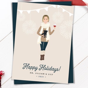 Custom portrait holiday card > Unique personalized cartoon drawing, Woman with wine, holding dog , Printed Christmas cards with envelopes