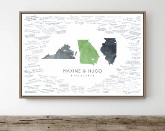 Wedding Guest Book Alternative > custom guestbook canvas, 3 states, green and gray watercolor state map (Virginia, Georgia, Illinois) {mfm}