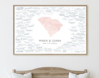 Map GUEST BOOK alternative > Wedding sign in with blush pink watercolor art, South Carolina state map guestbook {mfo}